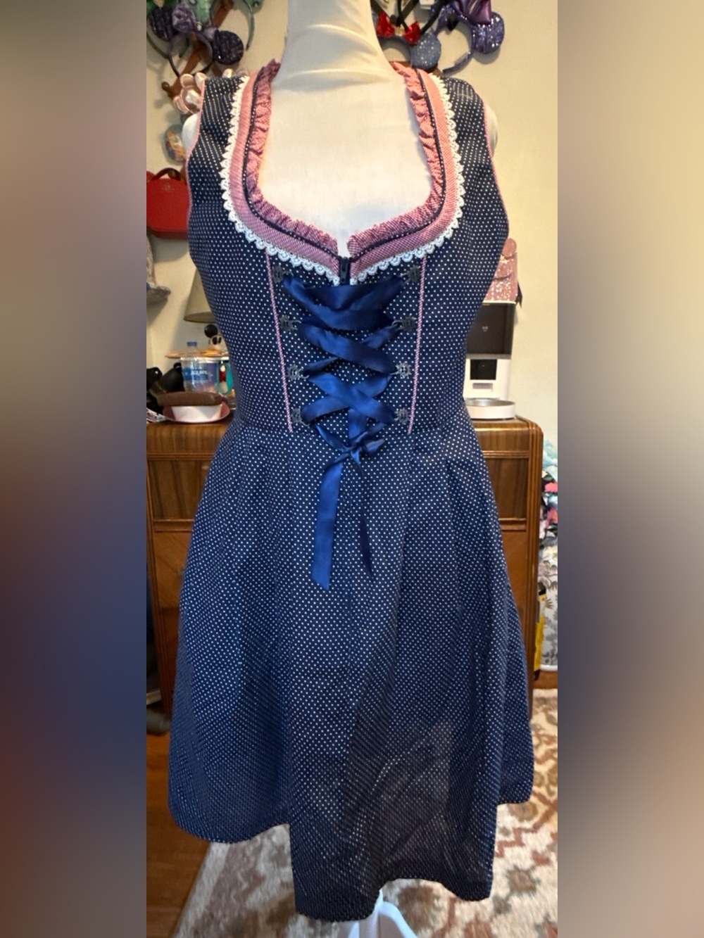 Hiziti Oktoberfest Dress M Dirndle Blue Polka Dot German Beer Milkmaid Corset